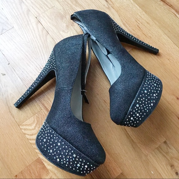New Black Platform Sparkly Heels with Rhinestones - Picture 1 of 6